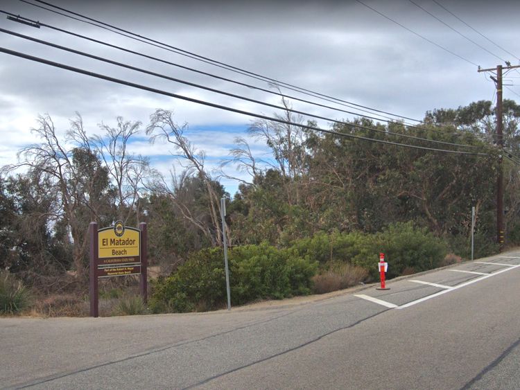 The entrance to the car park for El Matador beach, off the Pacific Coast Highway, about 5 miles from Malibu