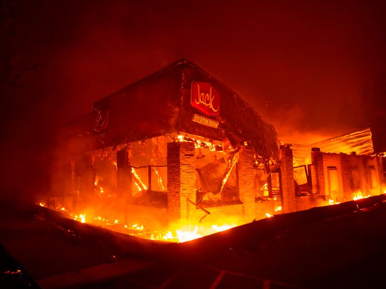 The Jack in the Box fast food restaurant goes up in flames in Paradise