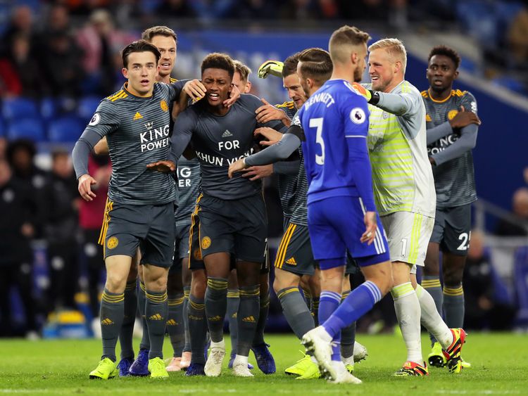 Goalkeeper Kasper Schmeichel ran the length of the pitch to join in the celebrations