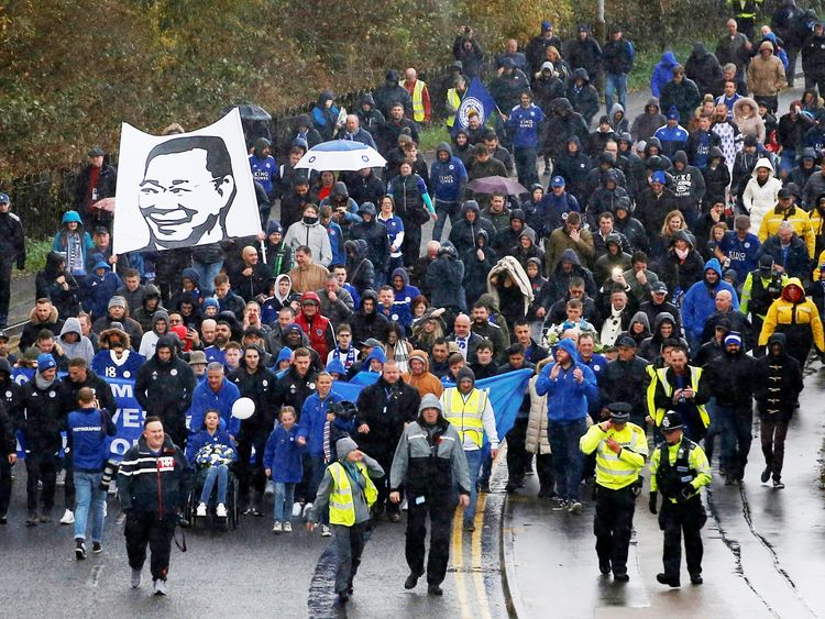 Leicester supporters walk in memory of club's late owner