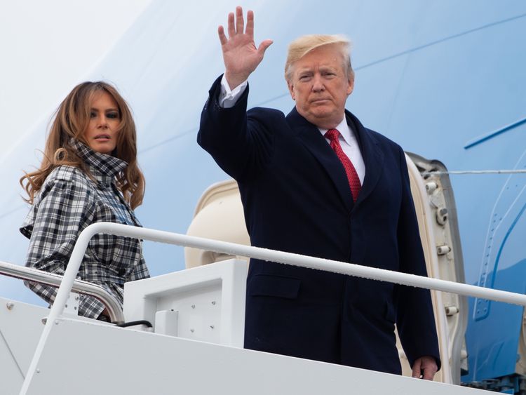 Donald and Melania Trump board Air Force One for France