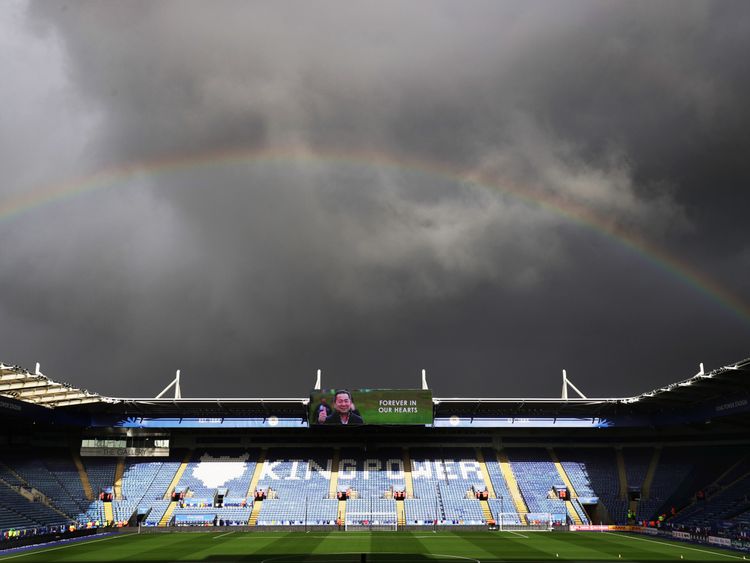 A rainbow shines over the King Power stadium this afternoon