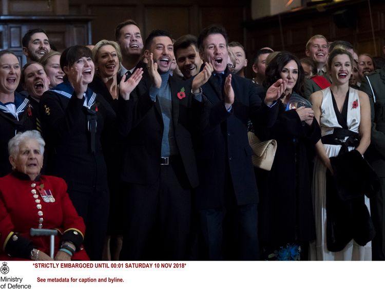 **STRICTLY EMBARGOED UNTIL 00:01 SATURDAY 10 NOV 2018** A Chelsea Pensioner, a member from the Navy, Faye Tozer, Giavani Pernice, Pasha Kovalev, Anton Du Beke, Shirley Ballas and Ashley Roberts enjoy the show. 