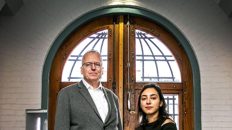 Armenian Hayarpi Tamrazyan (R) and Dutch pastor Theo Hettema in the Bethel church in The Hague