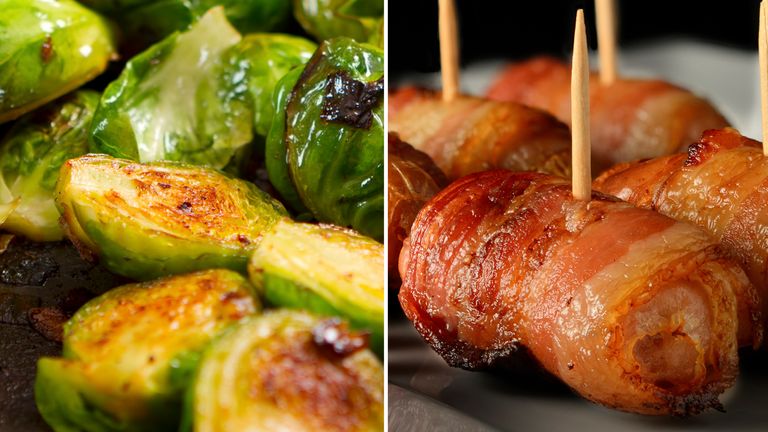 Brussels sprouts and pigs in blankets