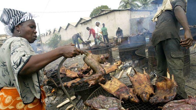 A woman smoking bush meat at a market in Africa