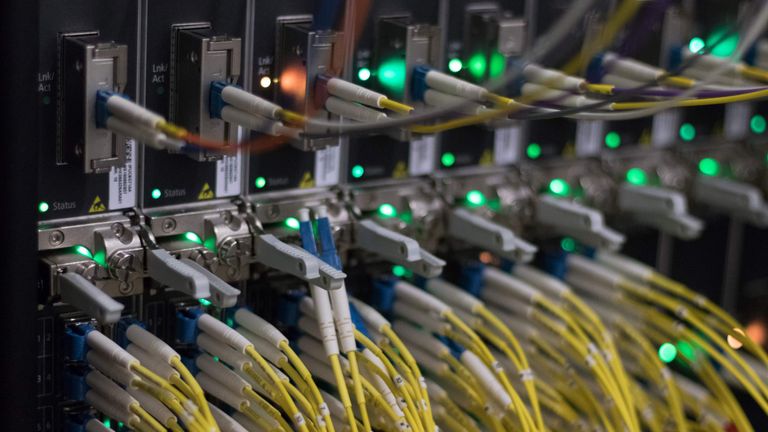 A picture taken on July 25, 2018 shows cables on servers at a data center of the internet exchange point DE-CIX (Deutscher Commercial Internet Exchange) in Frankfurt am Main, western Germany. (Photo by Yann Schreiber / AFP) (Photo credit should read YANN SCHREIBER/AFP/Getty Images)

