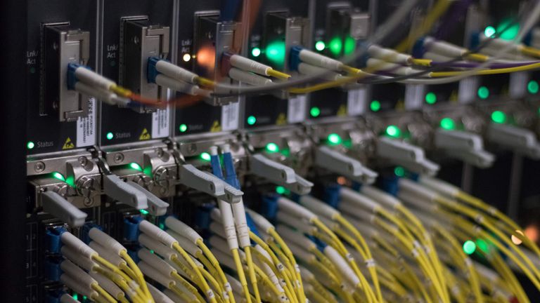 A picture taken on July 25, 2018 shows cables on servers at a data center of the internet exchange point DE-CIX (Deutscher Commercial Internet Exchange) in Frankfurt am Main, western Germany. (Photo by Yann Schreiber / AFP) (Photo credit should read YANN SCHREIBER/AFP/Getty Images)
