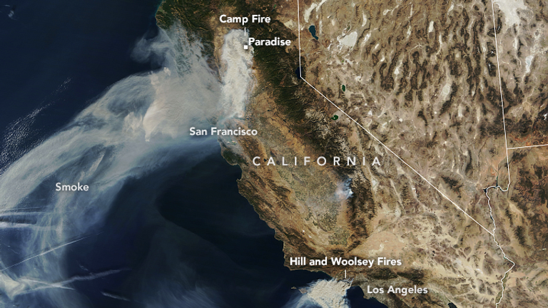 The Landsat 8 satellite caught this image of the Camp Fire. Pic: NASA
