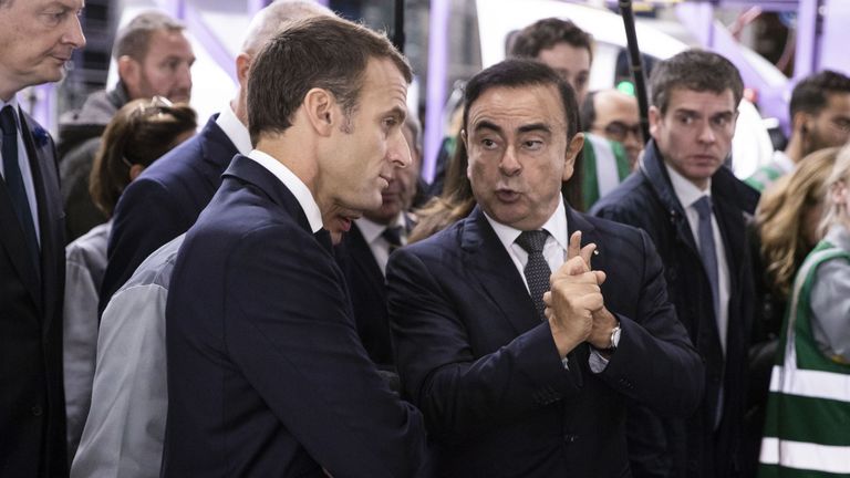 Emmanuel Macron&#39;s government, which has a major stake in Renault, has called for Nissan to hand over its evidence against Mr Ghosn (r)