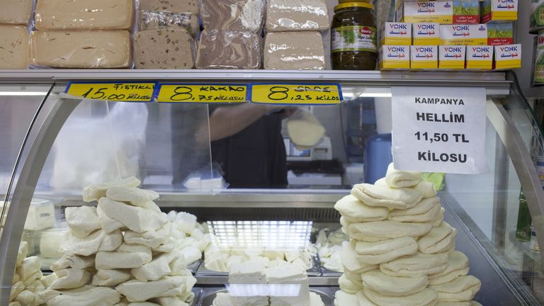 Traditional Cypriot halloumi cheese in a shop in Nicosia