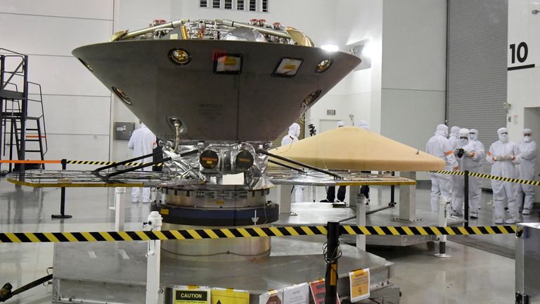 NASA&#39;s InSight spacecraft, destined for the Elysium Planitia region located in Mars&#39; northern hemisphere, undergoes final preparations at Vandenberg Air Force Base, California, U.S., April 6, 2018
