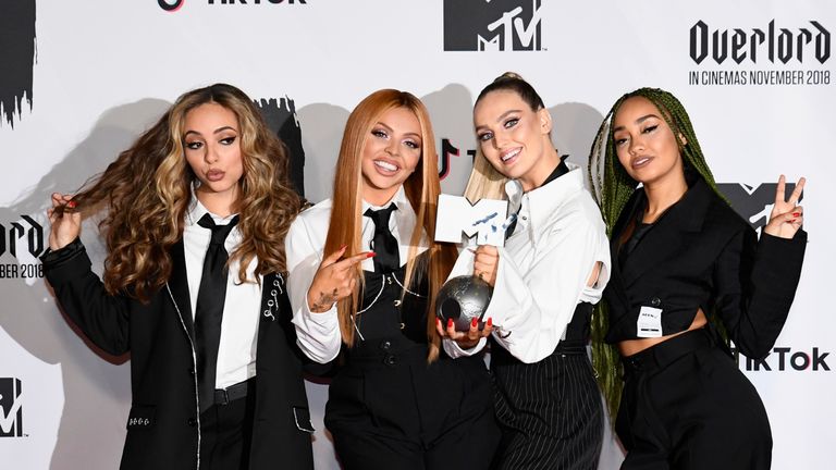 Little Mix pose in the winners room during the MTV EMAs 2018 at Bilbao Exhibition Centre on November 4 2018