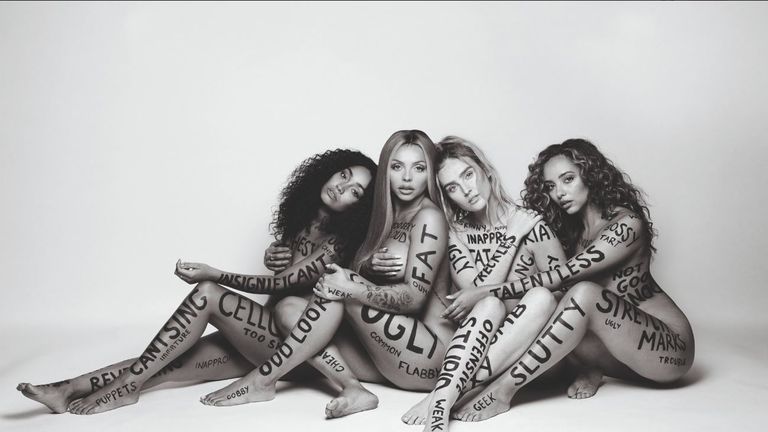 Little Mix pose naked and scrawled with insults for new song Strip | Ents &amp;  Arts News | Sky News