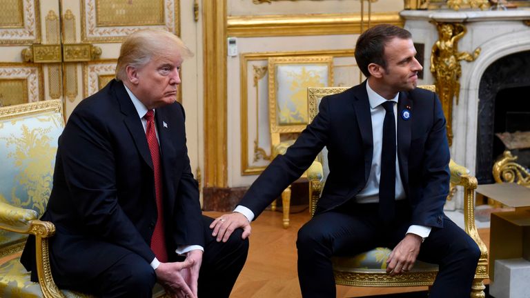 Mr Macron patted Mr Trump&#39;s knee at the end of the conference