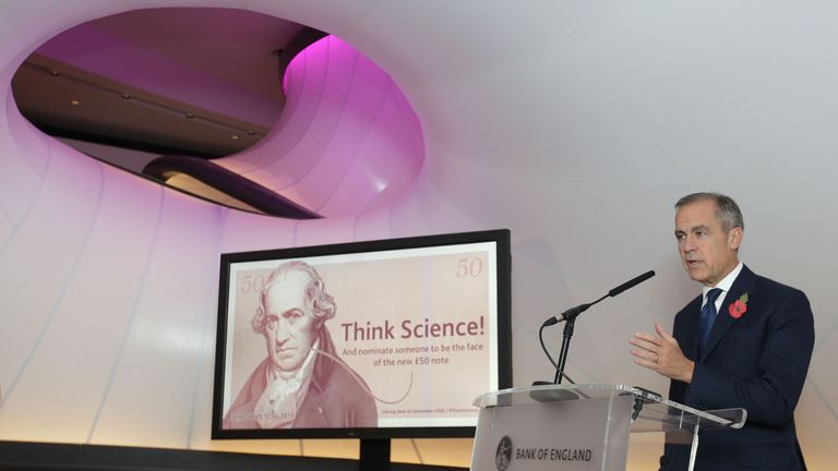 Bank of England Governor Mark Carney speaks during the announcement of the new polymer £50 note, at the Science Museum