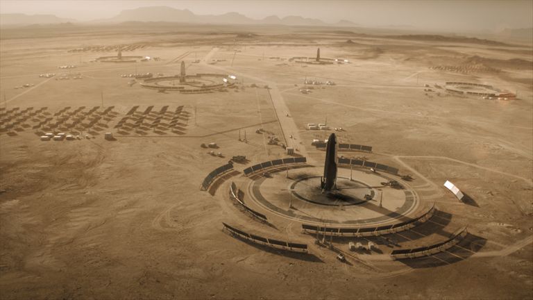 Mars - Five years have passed since we last saw the Olympus Town settlement. Launch pads dot the Martian surface and solar panels work to provide the colony with energy.(National Geographic)