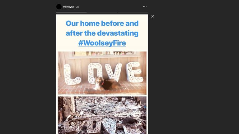 Miley Cyrus posted this before and after picture of her home following the Woolsey Fire in California. Pic: Instagram/@mileycyrus