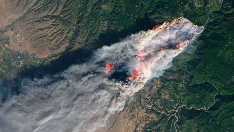 Satellite image shows the Camp Fire burning through Paradise, California. Pic: NASA 