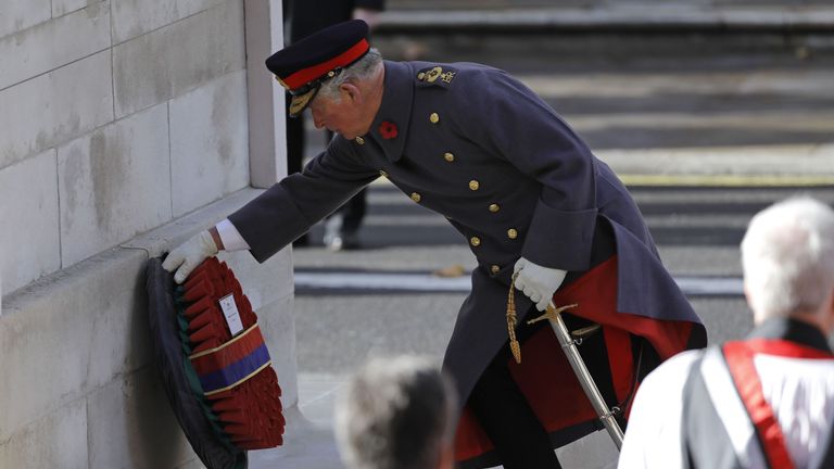 Prince Charles lays the Sovereign&#39;s wreath at the Cenotaph