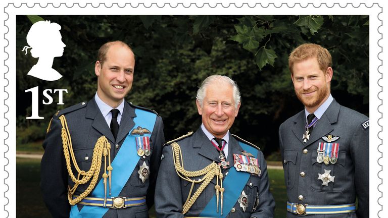 Prince Charles and his sons Princes William and Harry feature in a triple portrait in a set of Royal stamps
