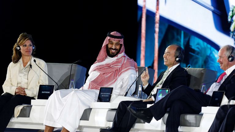 Saudi Crown Prince Mohammed bin Salman and Masayoshi Son, SoftBank Group Corp. Chairman and CEO, attend the Future Investment Initiative conference in Riyadh