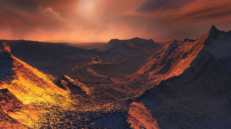Barnard&#39;s star under the orange tinted light from the frozen "super-Earth" discovered orbiting it