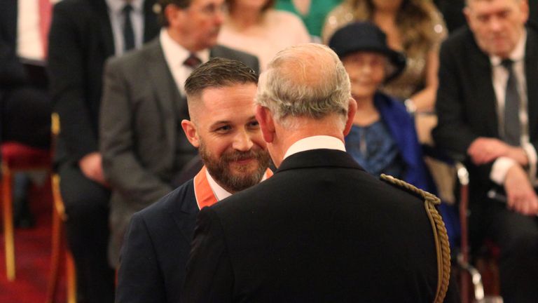 Actor Tom Hardy is made a CB (Commander of the Order of the British Empire) by the Prince of Wales at Buckingham Palace