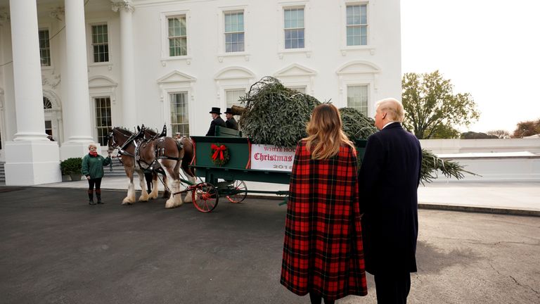President Donald Trump and first lady Melania Trump receive the official White House Christmas tree at the North Portico of the White House in Washington, U.S., November 19, 2018. 