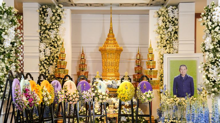 The eight-sided golden urn that is taking centre stage at the funeral of Vichai Srivaddhanaprabha