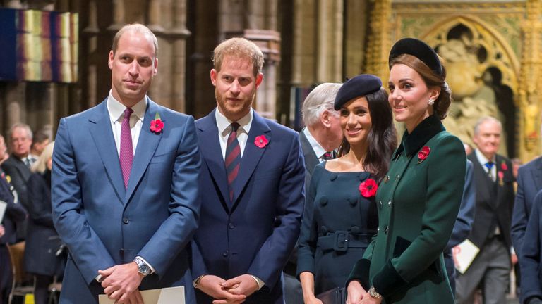 Britain's Prince William, Duke of Cambridge with Catherine, Duchess of Cambridge and Britain's Prince Harry, Duke of Sussex with Meghan, Duchess of Sussex arrive for an Armistice Service at Westminster Abbey in Westminster, London, Britain, November 11, 2018