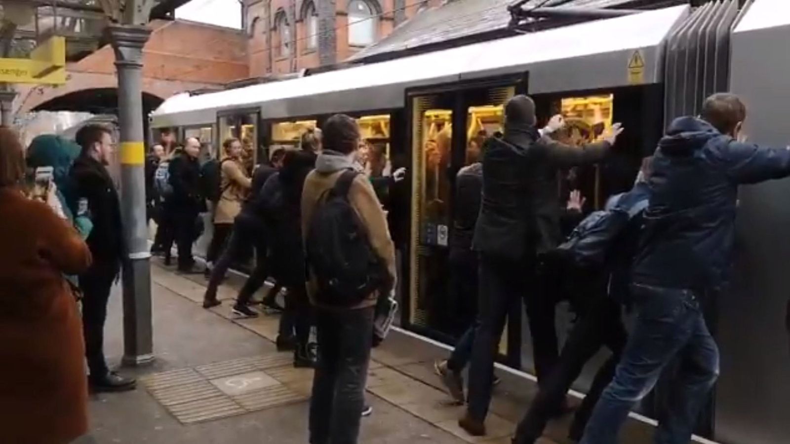 Passengers Asked To Push Packed Metrolink Tram Stuck At Platform Uk News Sky News