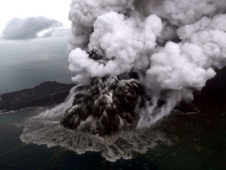 An aerial view of Anak Krakatau volcano during an eruption at Sunda strait in South Lampung, Indonesia, December 23, 2018. Pic: Antara Foto