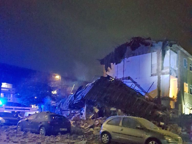 The scene in Launcelot Close, Andover, where the body of a man has been found after an explosion caused a building to collapse this morning. Pic: Andy Phillips/PA 