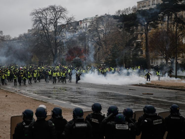 Protesters face riot police in Paris on 1 December