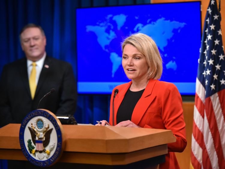 Heather Nauert introduces Secretary of State Mike Pompeo during  the official release of a report