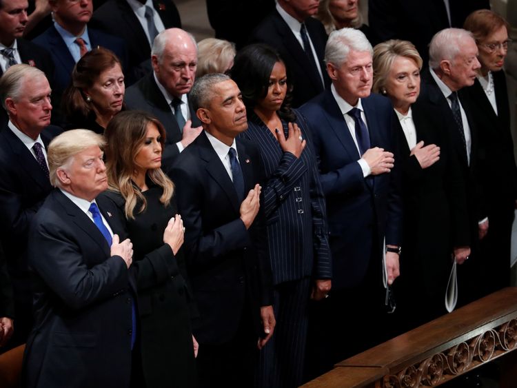 Former US presidents and their wives attend the former president's funeral service