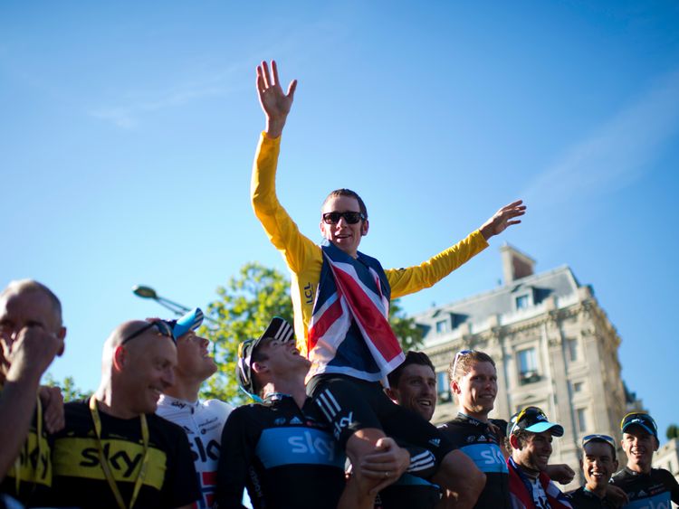 Bradley Wiggins celebrates his 2012 Tour de France win