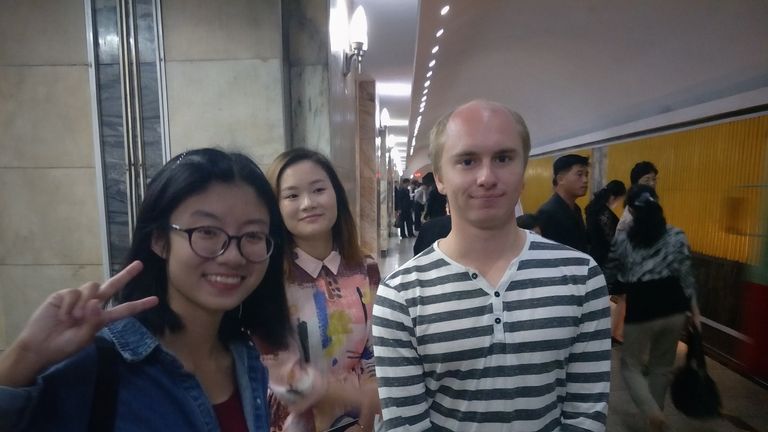 Swedish student Erik with two North Korean students. Pic: Alek Sigley