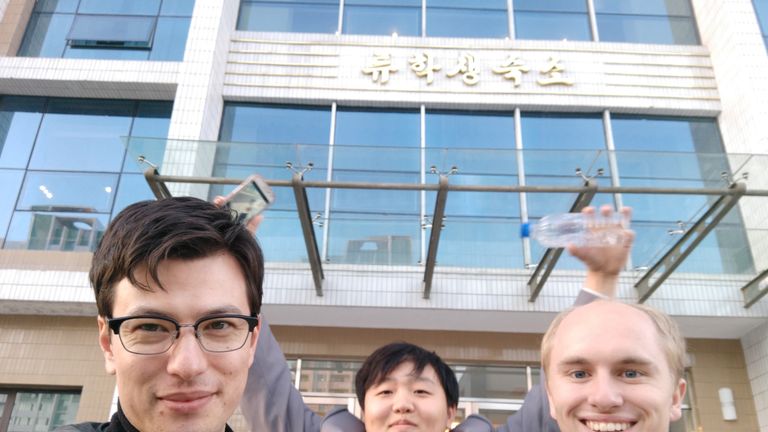 Alek (l) with foreign students Howard (middle) and Erik (r). Pic: Alek Sigley