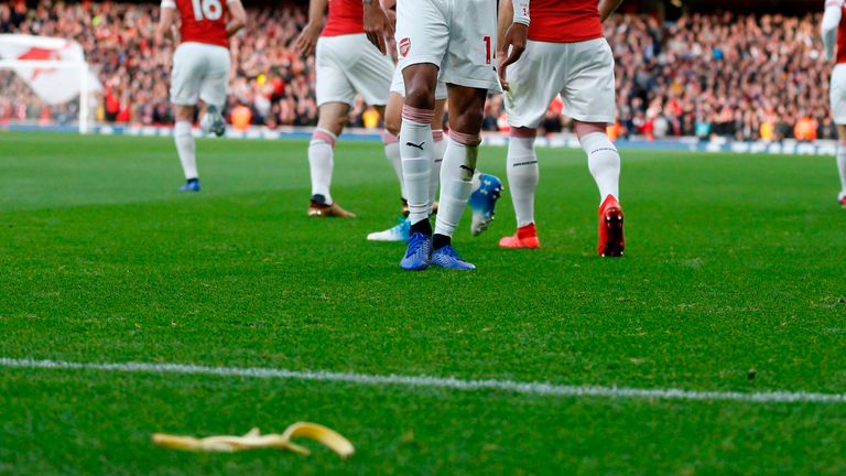 The banana skin was thrown as Arsenal&#39;s Aubameyang celebrated the opening goal