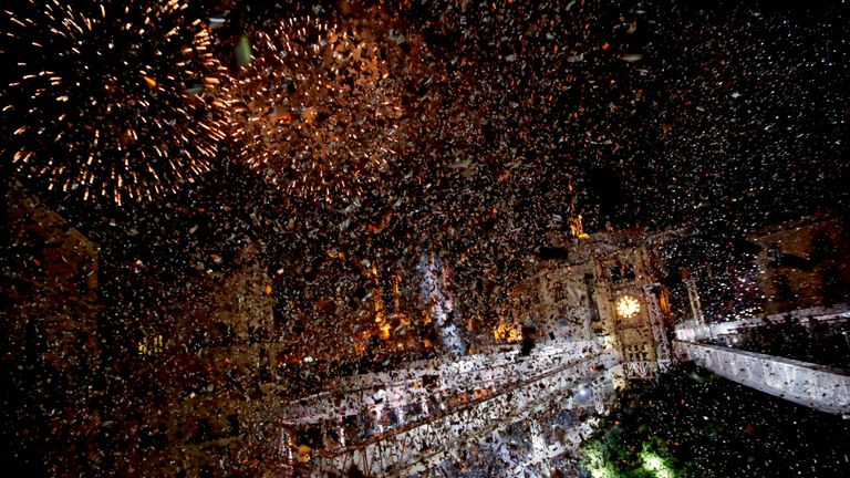 Fireworks explode over downtown Beirut, Lebanon