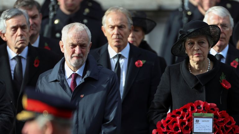 Former British Prime Ministers Gordon Brown, Tony Blair and John Major, and Prime Minister Theresa May and opposition Labour party leader Jeremy Corbyn attend a National Service of Remembrance, on Remembrance Sunday, at The Cenotaph in Westminster, London, Britain, November 11, 2018