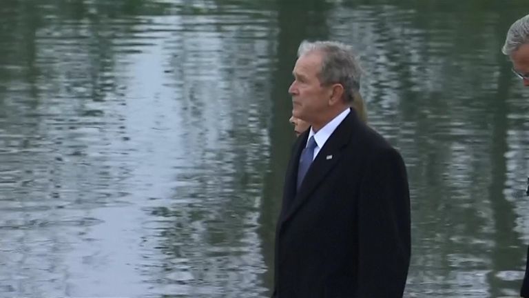 George W Bush follows his father&#39;s coffin to the burial site at the presidential library in Texas