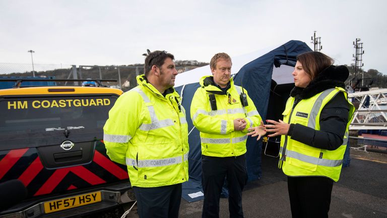 Immigration Minister Caroline Nokes speaks to HM Coastguard staff in Dover