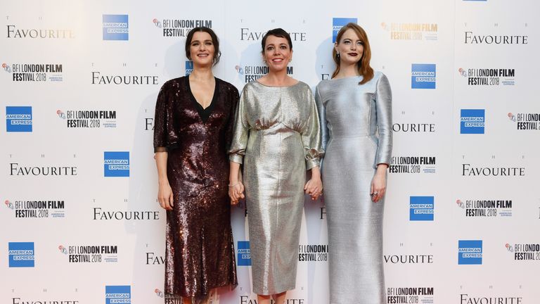 The three leading ladies in The Favourite pose on the red carpet