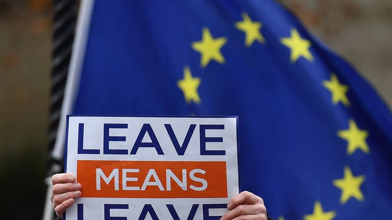 A European Union (EU) flag flies beyond an anti-EU, pro-Brexit demonstrator