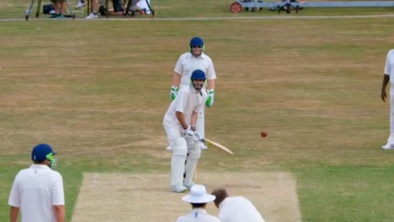 Jimmy Anderson about to be caught out by Freddie Flintoff after delivery from James Corden
