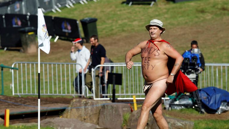 The streaker donned a cape and hat for his appearance at the 2010 Ryder Cup golf tournament