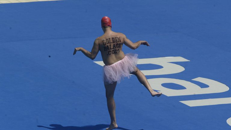 The streaker danced in a tutu during a synchronised swimming event at the World Swimming Championships in Barcelona in 2003 